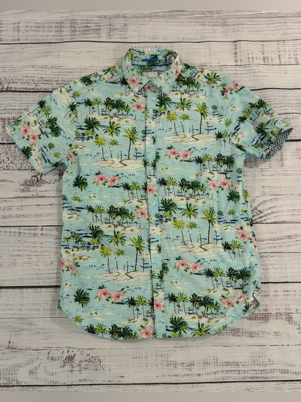 Rickey & Mickey 100% Cotton Men's Small Blue Palm Beach Ocean Hawaiian Shirt